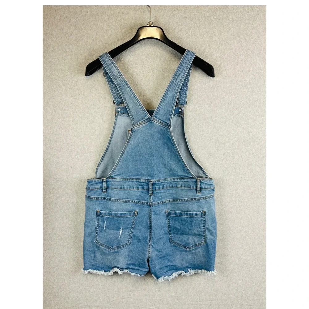 Venus Womans Sz 14 Shortalls Denim Shorts Overalls Blue Pockets Distressed